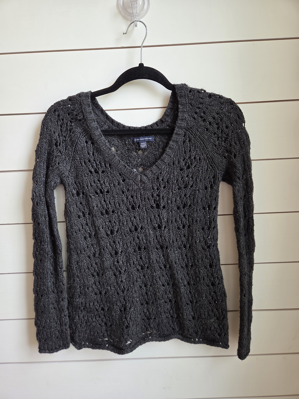 American Eagle Outfitters Charcoal Open-Knit V-Neck Sweater